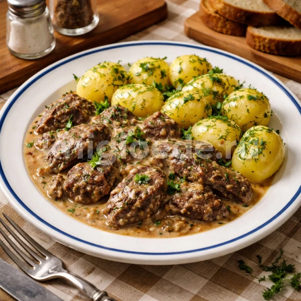 Печень, жаренная куском, с отварным картофелем