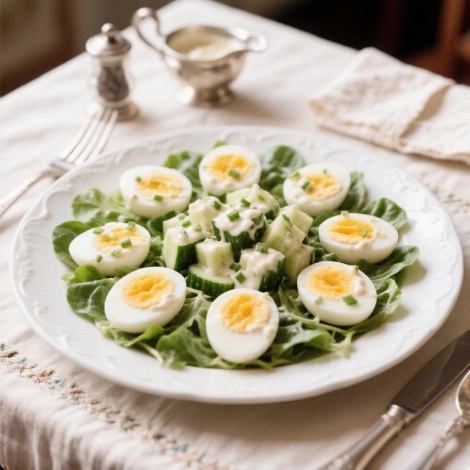 Салат из яиц и свежих огурцов под луковым соусом