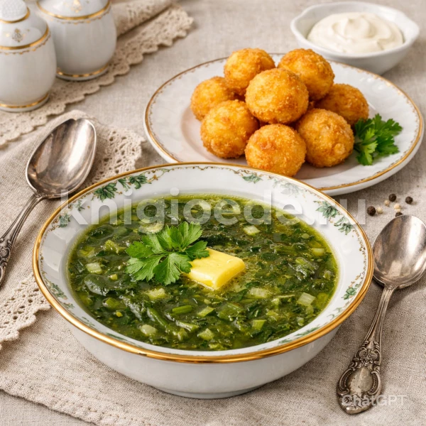 Зелёный суп с крокетами из яиц