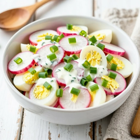 Салат из редиса с зеленым луком, сметаной и яйцами