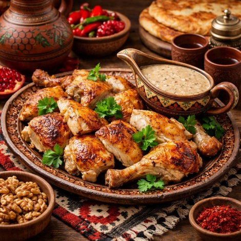 Жареная птица с соусом-гаро