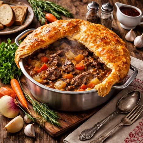 Мясо с овощами, тушёное под крышкой из теста