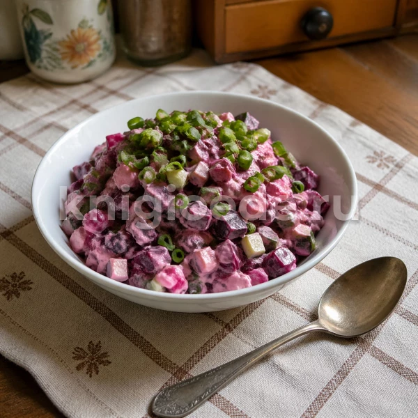 Салат из свеклы с солеными и свежими огурцами, зеленым луком и майонезом