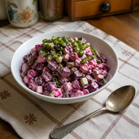 Салат из свеклы с солеными и свежими огурцами, зеленым луком и майонезом