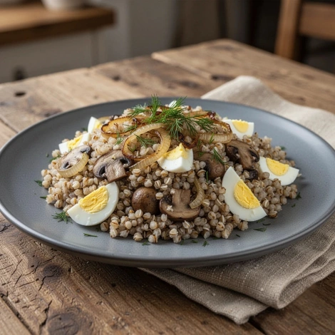 Гречневая каша с грибами, луком и яйцом