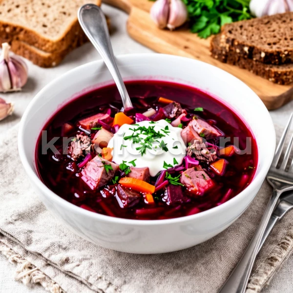 Борщ с кислой капустой и копченостями