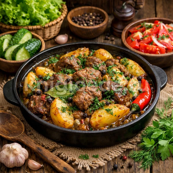 Говядина тушеная с луком и картофелем