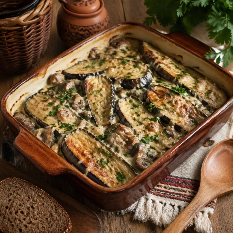 Баклажаны с грибами, запечённые в сметане