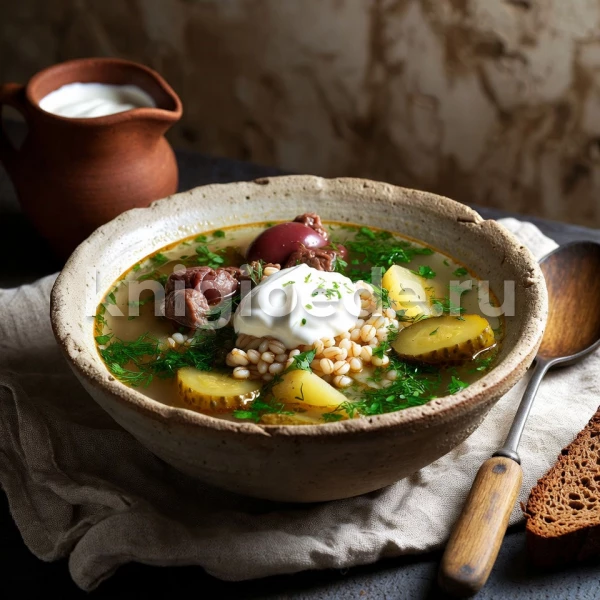 Рассольник мясной с почками и перловой крупой