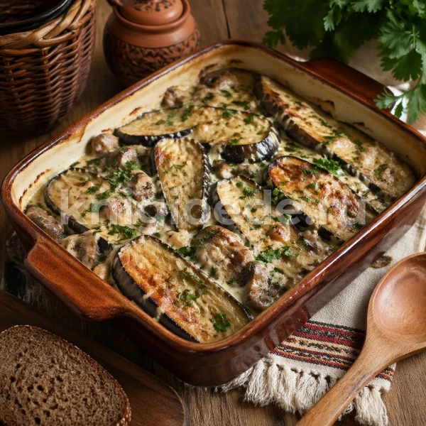 Баклажаны с грибами, запечённые в сметане