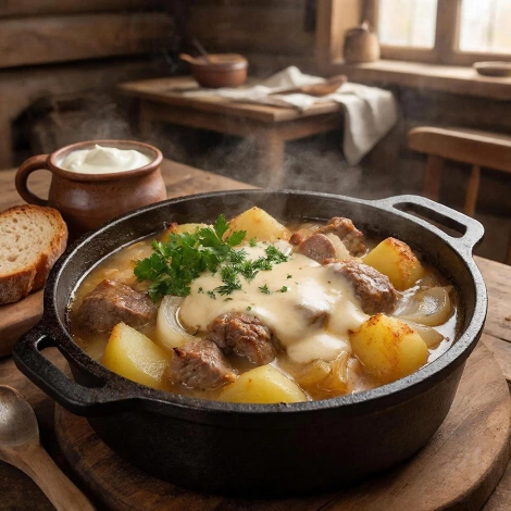 Отварное мясо, тушенное с картофелем и луком