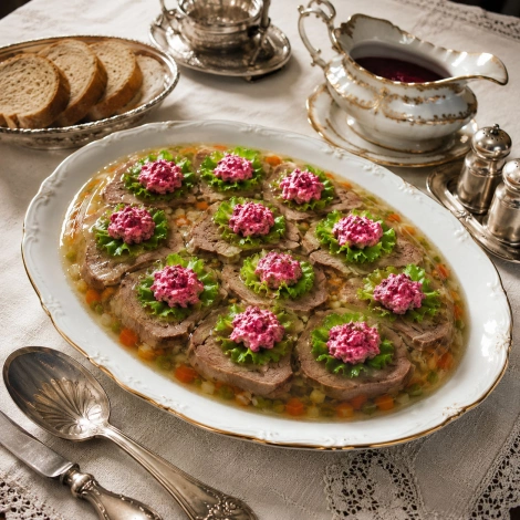 Говядина тушеная заливная с овощным желе