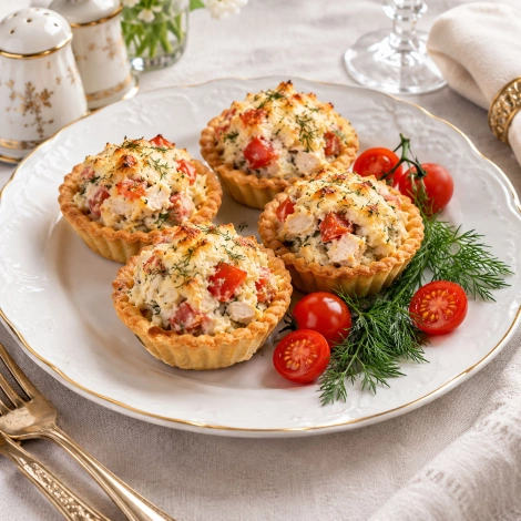 Тарталетки из песочного теста с куриным мясом и помидорами