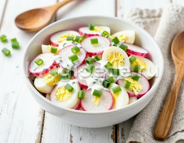 Салат из редиса с зеленым луком, сметаной и яйцами