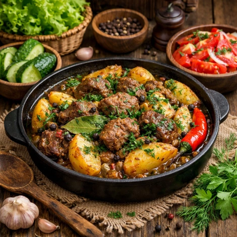 Говядина тушеная с луком и картофелем