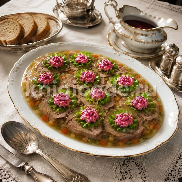 Говядина тушеная заливная с овощным желе