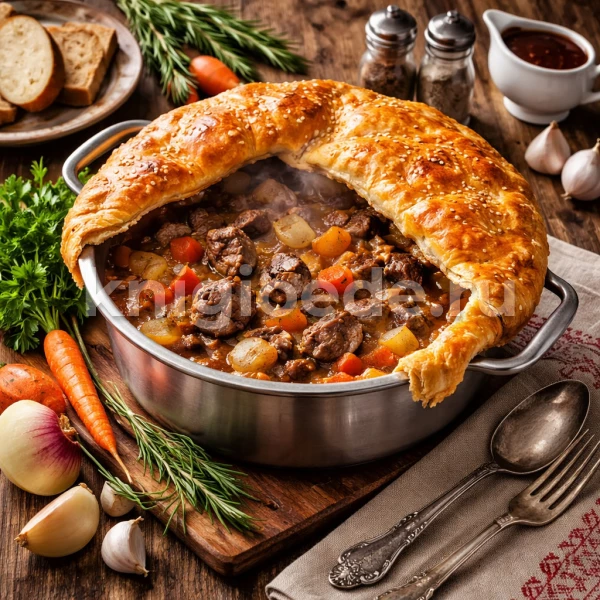 Мясо с овощами, тушёное под крышкой из теста