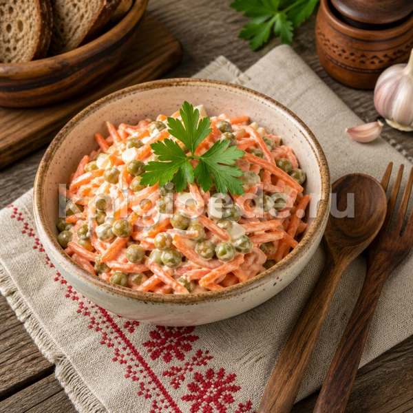 Салат из варёной моркови с горошком и чесноком