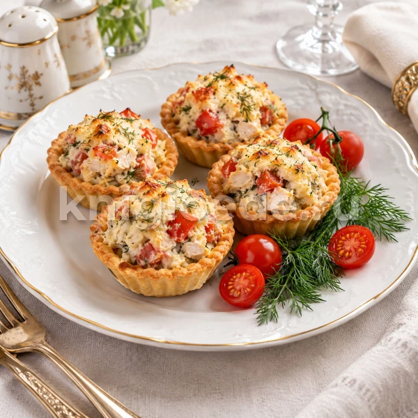 Тарталетки из песочного теста с куриным мясом и помидорами